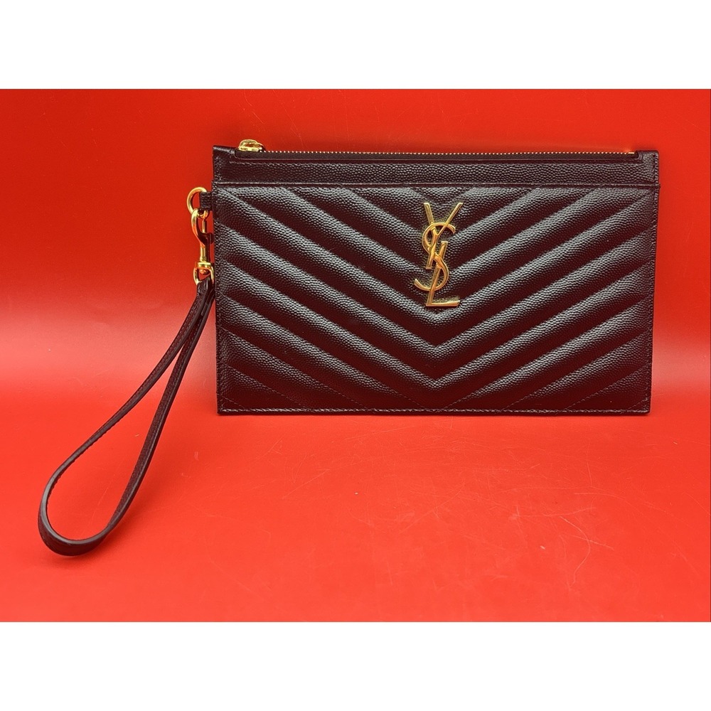 Saint Laurent Black Matelasse Gold Logo Wristlet Clutch - Picture 3 of 14